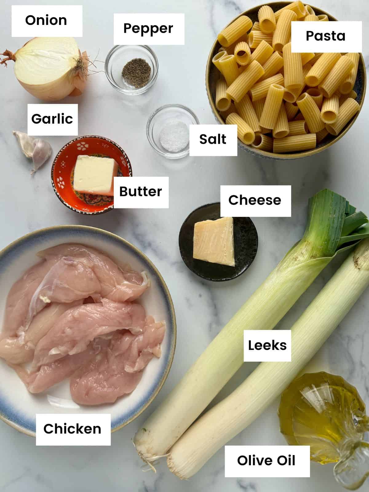 Ingredients for chicken and leek pasta.