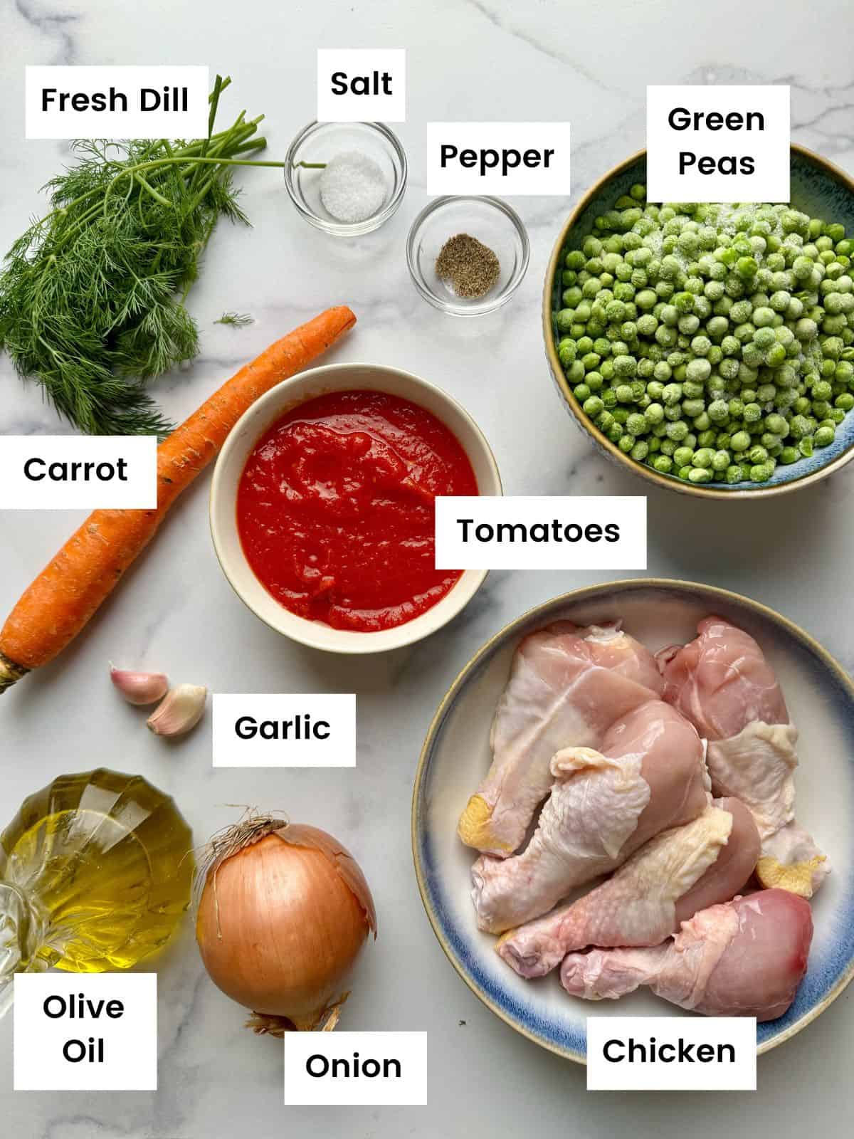 Ingredients for chicken with green peas.