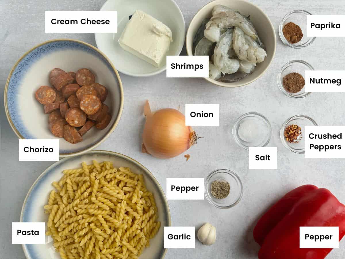Ingredients for chorizo and shrimp pasta.