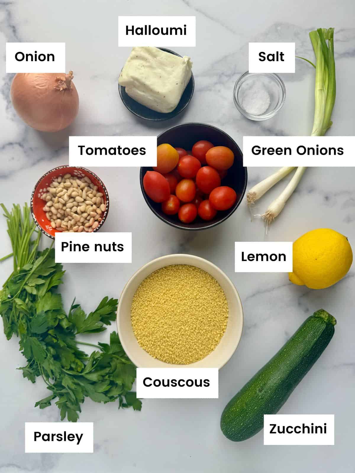 Ingredients for halloumi and couscous salad.