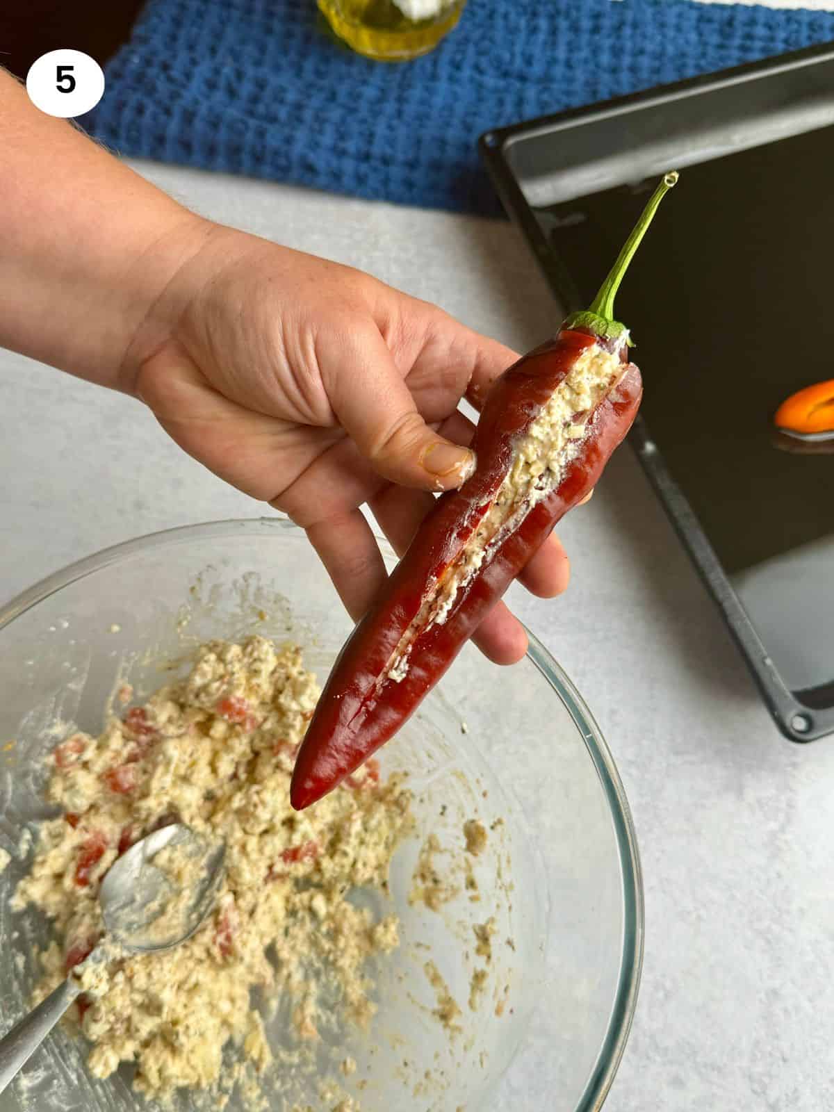 Stuffing a pepper with the cheese filling.