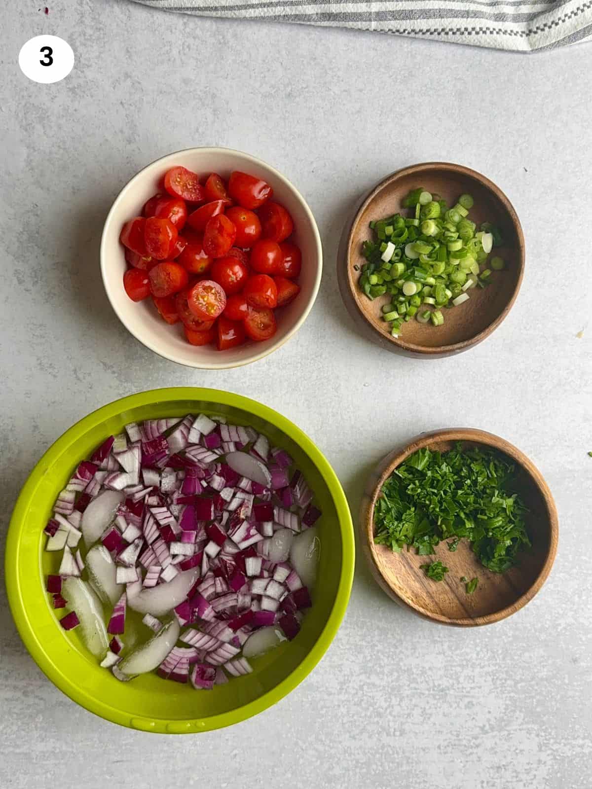 Chopped vegetables for assembling the lemon orzo salad.