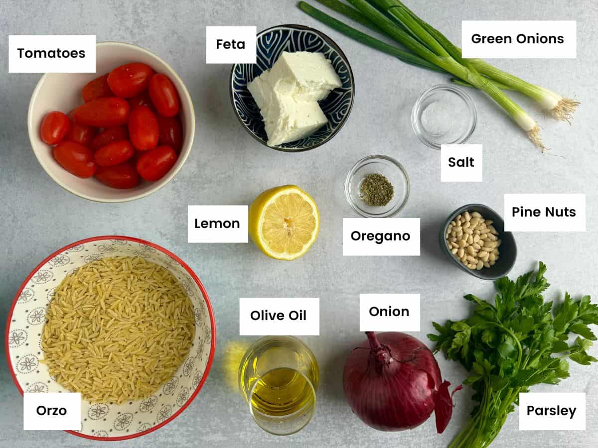 Ingredients for lemon orzo salad with feta cheese.