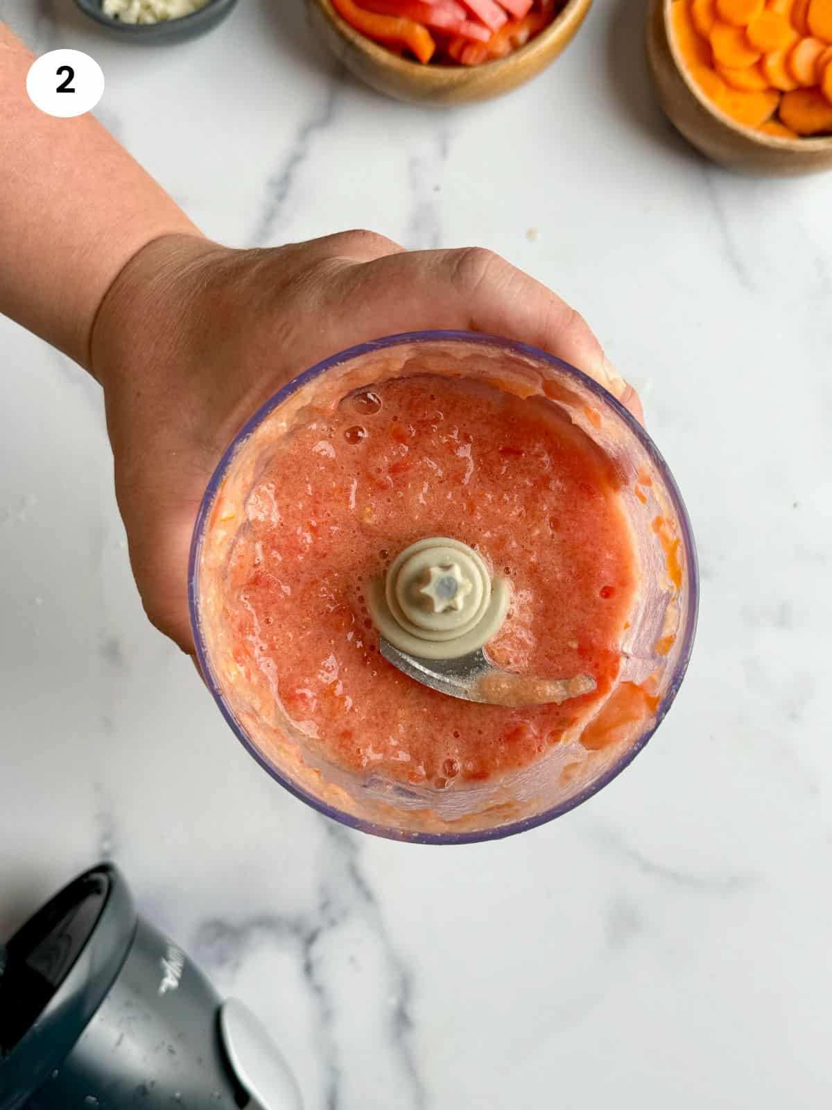 Blended tomatoes inside the food processor.