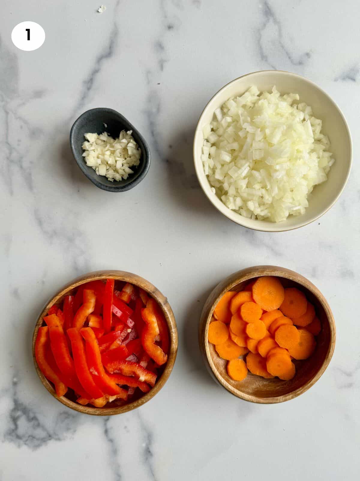 Chopped ingredients ready for the manestra stew.