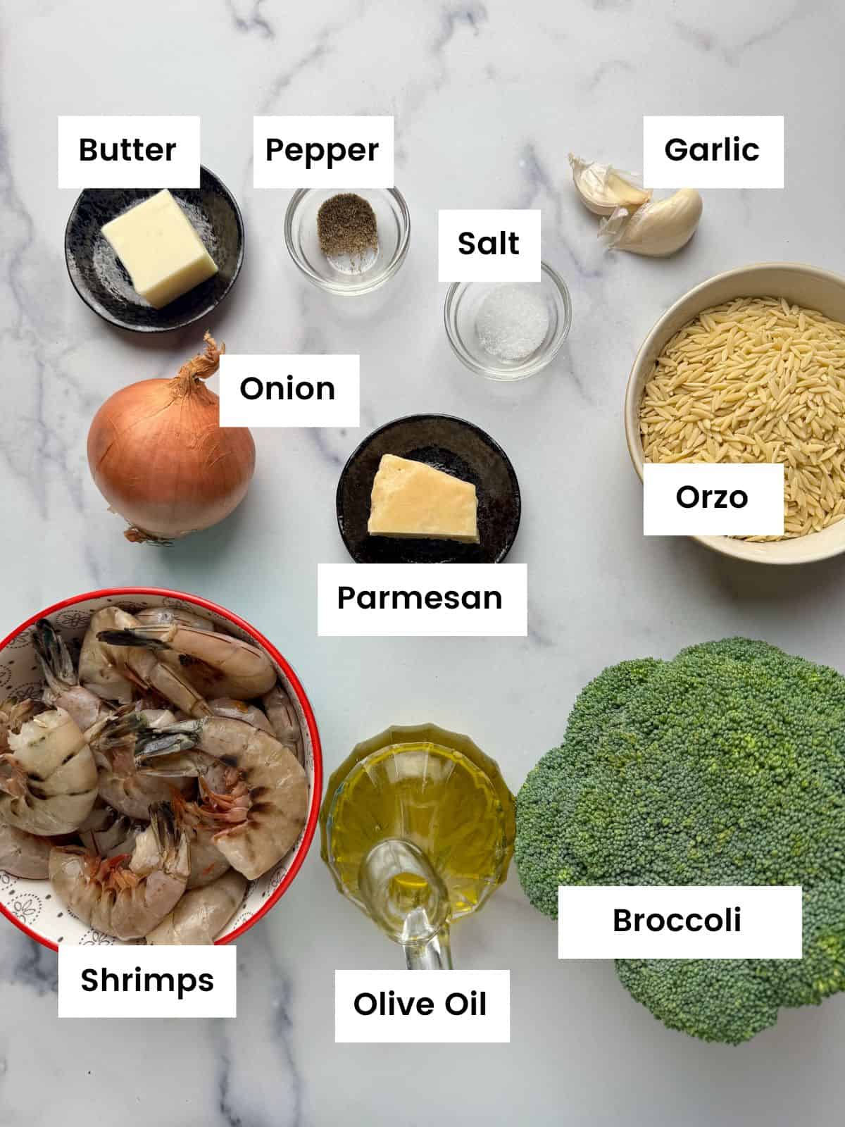 Ingredients for broccoli and orzo pasta.