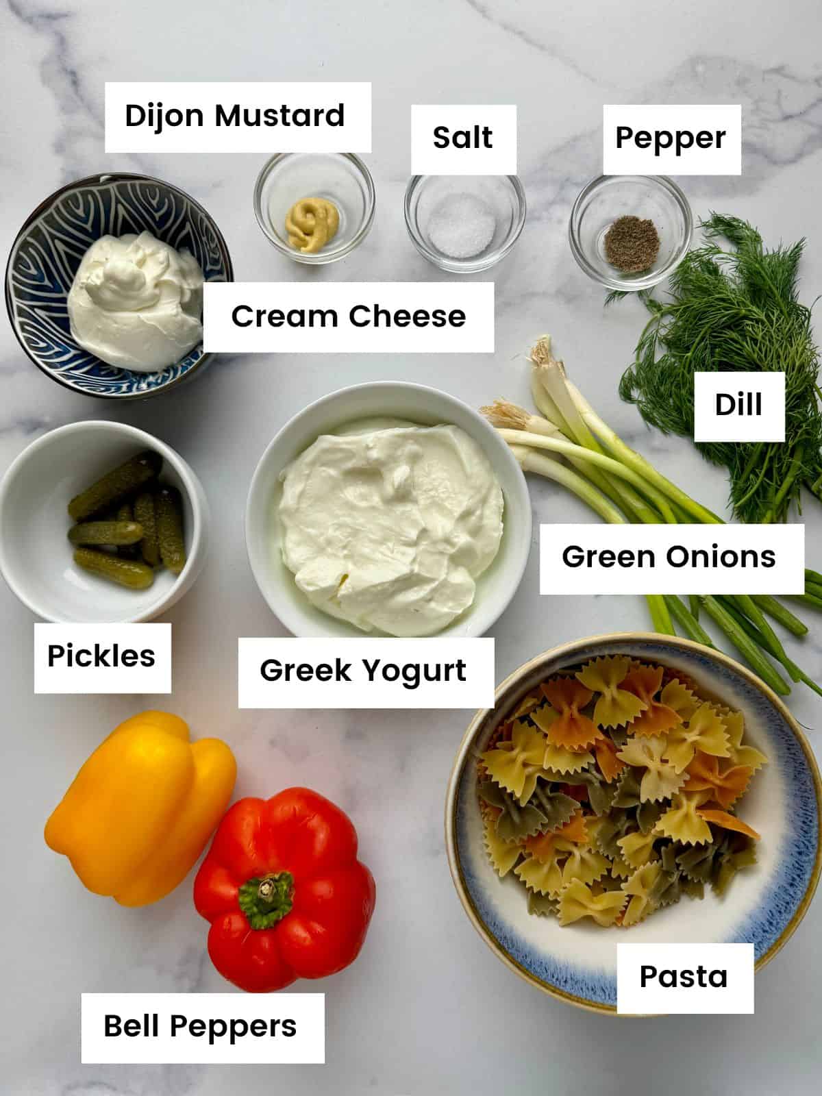 Ingredients for Greek yogurt pasta salad.