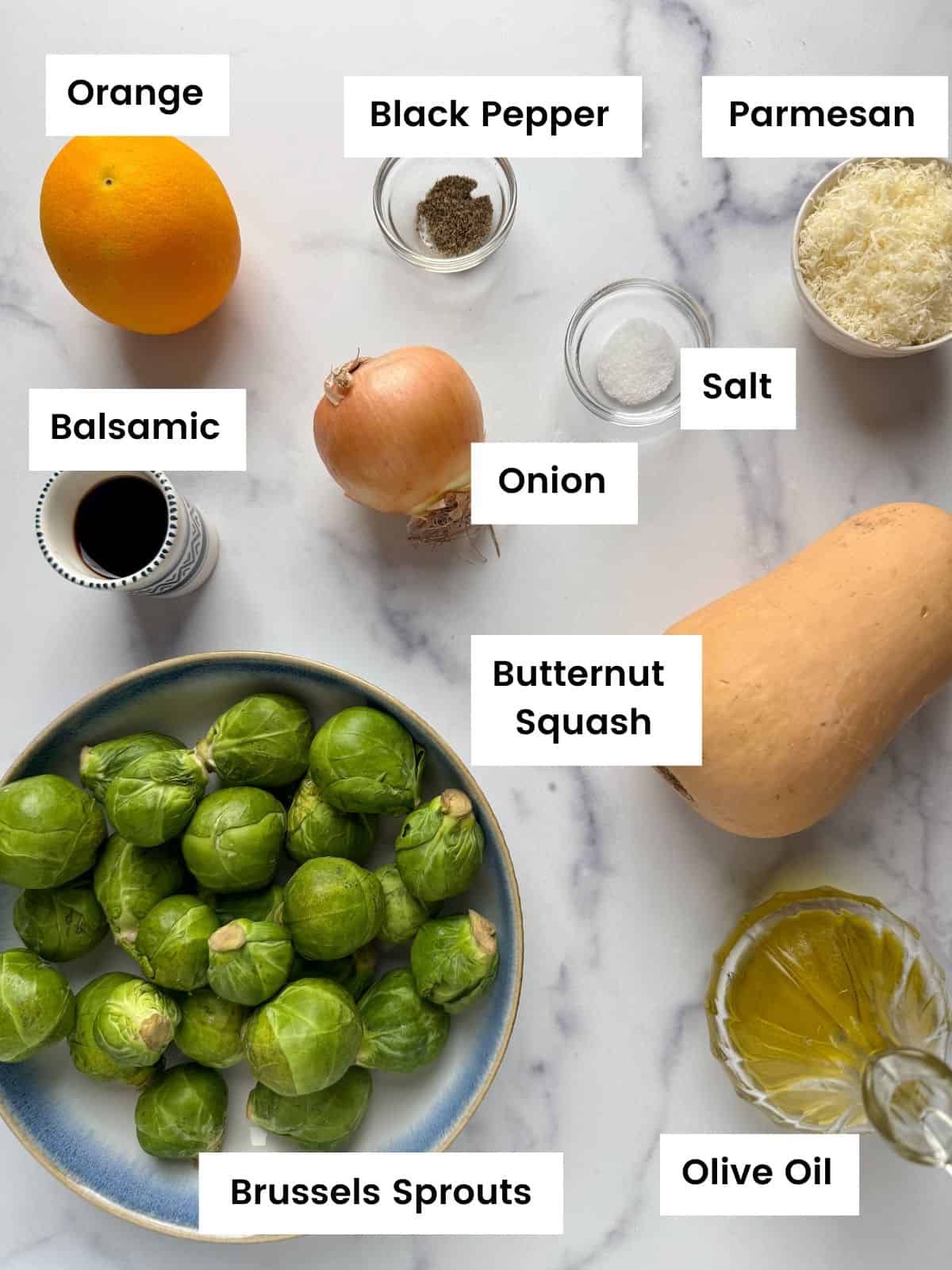 Ingredients for roasted brussels sprouts and butternut squash.