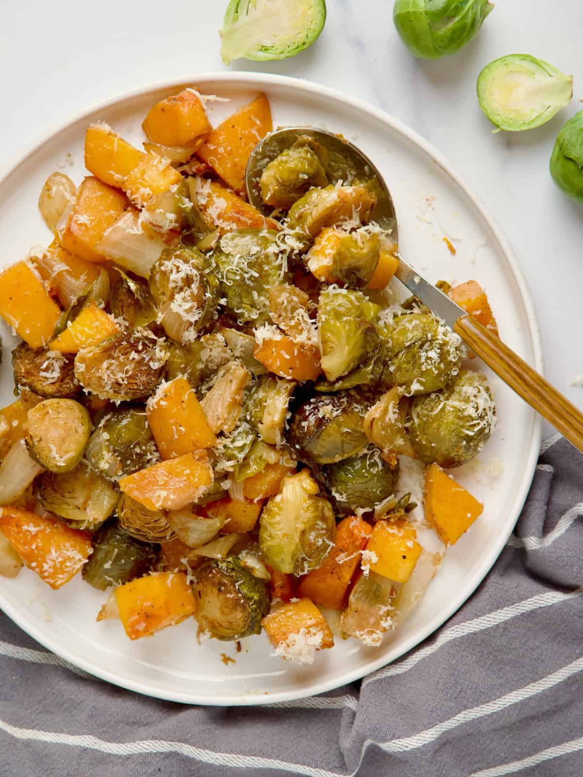 Roasted Brussel Sprouts With Butternut Squash And Balsamic.